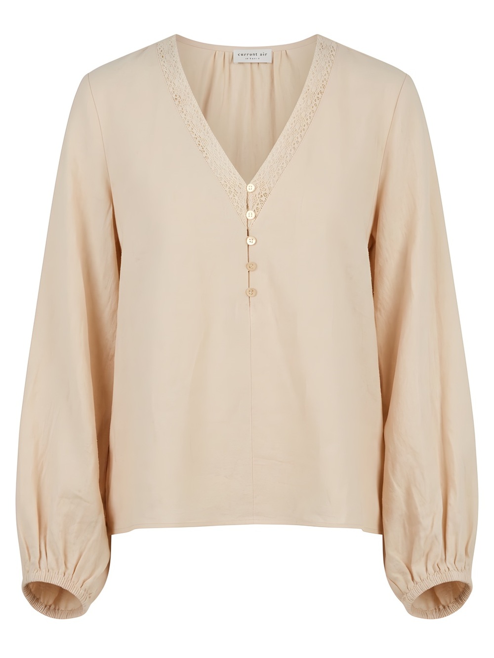Current Air Soft Beige V-Neck Lace Trim Button Blouse, size Small